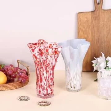 LCCCK Red Glass Vase for Flower Decorative, Hand Blown Glass Vase for Modern Table Centerpiece, Beautiful Glass Vases Home Decor, Murano Blown Glass Decor for Entrance Wedding Center