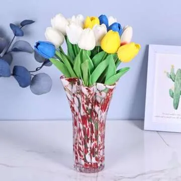 LCCCK Red Glass Vase for Flower Decorative, Hand Blown Glass Vase for Modern Table Centerpiece, Beautiful Glass Vases Home Decor, Murano Blown Glass Decor for Entrance Wedding Center