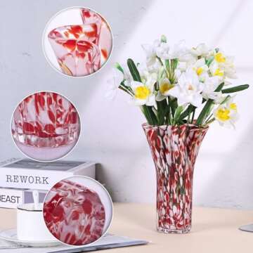 LCCCK Red Glass Vase for Flower Decorative, Hand Blown Glass Vase for Modern Table Centerpiece, Beautiful Glass Vases Home Decor, Murano Blown Glass Decor for Entrance Wedding Center