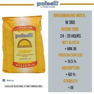 POLSELLI Super, Tipo 00, Double Zero, Type OO, Roman Style Pizza Flour for In Teglia, al Tagio, Pinsa, Pala, W 300+ Formulated for a long 72+ hour Fermintation and rise, (5 kg) 11 lbs