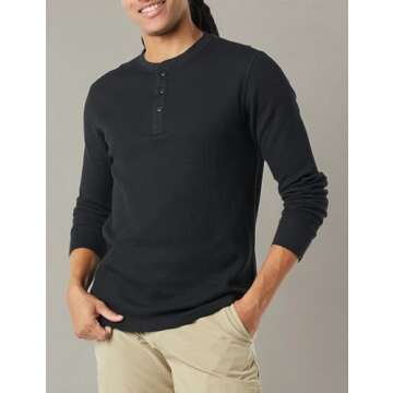 Amazon Essentials Henley Long Sleeve Shirts for Men, Regular-Fit Waffle, Black, Large