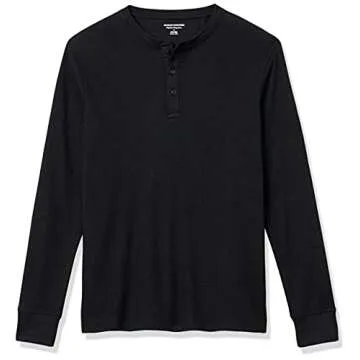 Amazon Essentials Henley Long Sleeve Shirts for Men, Regular-Fit Waffle, Black, Large