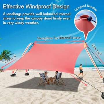 easierhike Beach Shade Windproof Design, Sun Shelter UPF50+ Portable Family Tent with 6 Sandbags Anc...