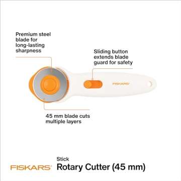Fiskars 45mm Rotary Cutter for Fabric, Premium Steel Stick Fabric Cutter Cuts Through Multiple Layers, Right and Left Handed, Easy and Safe Blade Change, Arts and Crafts, Sewing and Quilting Tools