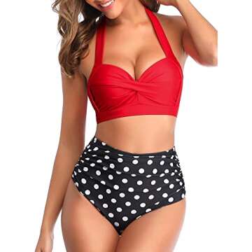 Tempt Me Women Vintage Swimsuits Red Dot Retro Halter Ruched High Waist Bikini with Bottom M