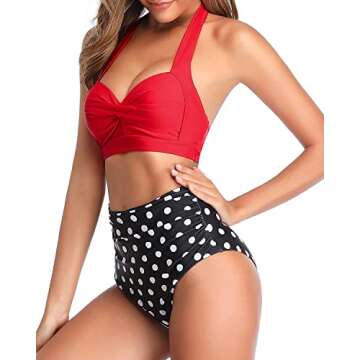 Tempt Me Women Vintage Swimsuits Red Dot Retro Halter Ruched High Waist Bikini with Bottom M