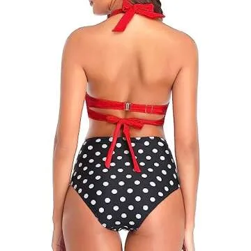 Tempt Me Women Vintage Swimsuits Red Dot Retro Halter Ruched High Waist Bikini with Bottom M
