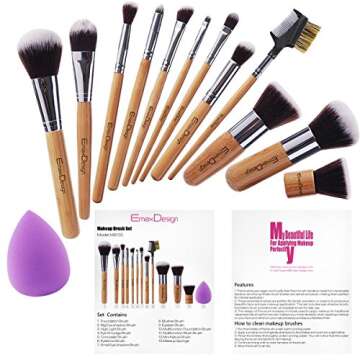 EmaxDesign 12+1 Pieces Makeup Brush Set, 12 Pieces Professional Bamboo Handle Foundation Blending Bl...