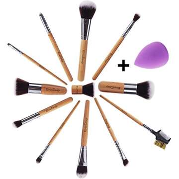 EmaxDesign 12+1 Pieces Makeup Brush Set, 12 Pieces Professional Bamboo Handle Foundation Blending Blush Eye Face Liquid Powder Cream Cosmetics Brushes & 1 Piece purple Beauty Sponge Blender