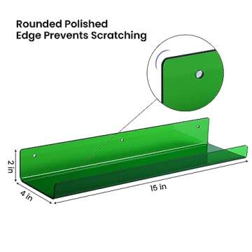 upsimples 4 Pack Acrylic Shelves for Wall Storage, 15" Floating Bookshelves for Kids, Display Shelf Organizer for Bathroom, Bedroom, Living Room Decor, Kitchen, Clear Green