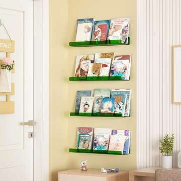 upsimples 4 Pack Acrylic Shelves for Wall Storage, 15" Floating Bookshelves for Kids, Display Shelf Organizer for Bathroom, Bedroom, Living Room Decor, Kitchen, Clear Green