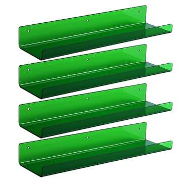 upsimples 4 Pack Acrylic Shelves for Wall Storage, 15" Floating Bookshelves for Kids, Display Shelf Organizer for Bathroom, Bedroom, Living Room Decor, Kitchen, Clear Green