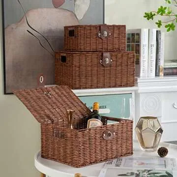 Homepeaz Set of 3 Woven Wicker Storage Basket Box with Lid & Lock, Built-in Carry Handles, Multifunctional Storage Organiser for Nursery, Baby, Clothes, Toys, Books, Large/Medium/Small Size (Natural)