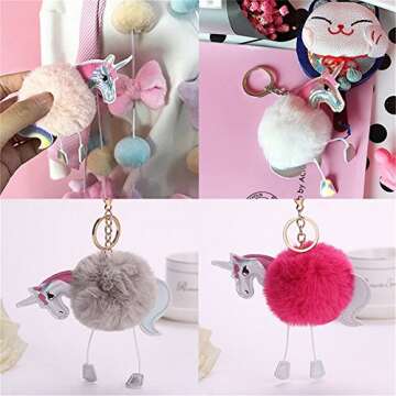 Cute Fluffy Unicorn Keychain, Pom Pom Style Plush Ball Pendant Keyfob Key Ring