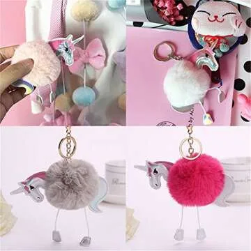 Cute Fluffy Unicorn Keychain, Pom Pom Style Plush Ball Pendant Keyfob Key Ring