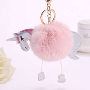 Cute Fluffy Unicorn Keychain, Pom Pom Style Plush Ball Pendant Keyfob Key Ring