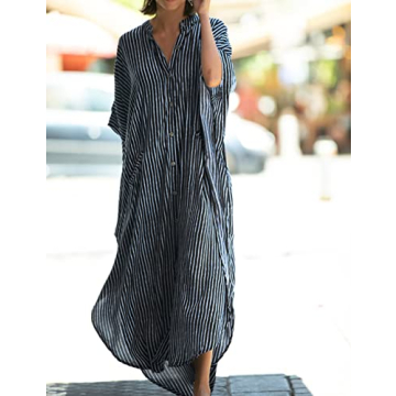 Bsubseach Button Down Kaftan Dress for Women Beach Cover Up Caftans Oversized Beach Wear Long Kimonos Swimsuit Coverup White Stripes