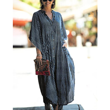Bsubseach Button Down Kaftan Dress for Women Beach Cover Up Caftans Oversized Beach Wear Long Kimonos Swimsuit Coverup White Stripes
