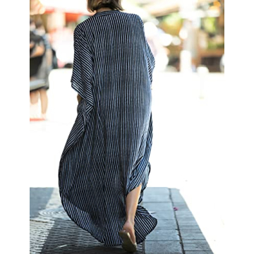 Bsubseach Button Down Kaftan Dress for Women Beach Cover Up Caftans Oversized Beach Wear Long Kimonos Swimsuit Coverup White Stripes