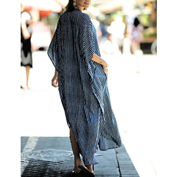 Bsubseach Button Down Kaftan Dress for Women Beach Cover Up Caftans Oversized Beach Wear Long Kimonos Swimsuit Coverup White Stripes