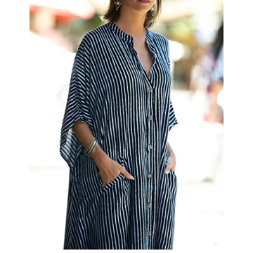 Bsubseach Button Down Kaftan Dress for Women Beach Cover Up Caftans Oversized Beach Wear Long Kimonos Swimsuit Coverup White Stripes