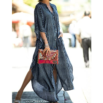 Bsubseach Button Down Kaftan Dress for Women Beach Cover Up Caftans Oversized Beach Wear Long Kimonos Swimsuit Coverup White Stripes