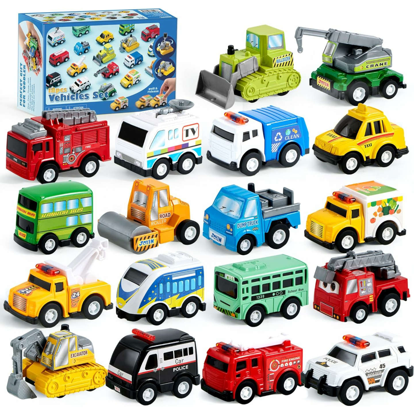 JOYIN 18 Pcs Pull Back Toy Vehicles Set for Kids