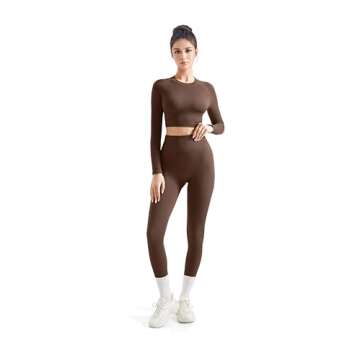 SUUKSESS Women 2 Piece Workout Sets Hidden Scrunch Butt Lifting Seamless Leggings Long Sleeve Yoga Crop Tops High Waisted Yoga Pants (Brown, M)