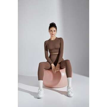 SUUKSESS Women 2 Piece Workout Sets Hidden Scrunch Butt Lifting Seamless Leggings Long Sleeve Yoga Crop Tops High Waisted Yoga Pants (Brown, M)