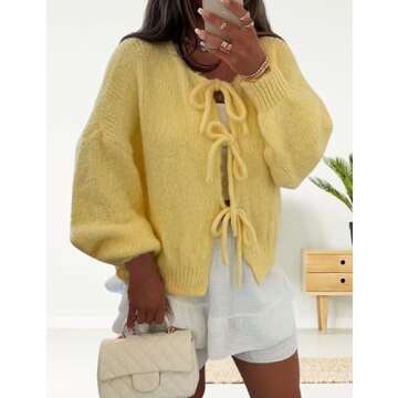 InterNos Womens Bow Tie Front Sweater Cardigan Y2k Chunky Crew Neck Lace Up Crochet Knit Outwear Coat(0956-Yellow-S)