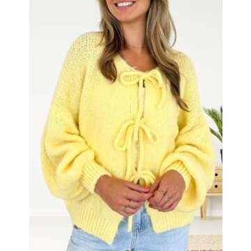 InterNos Womens Bow Tie Front Sweater Cardigan Y2k Chunky Crew Neck Lace Up Crochet Knit Outwear Coat(0956-Yellow-S)