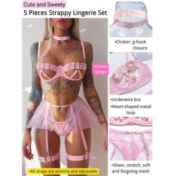 Kaei&Shi Garter Lingerie For Women,Cutout Sheer Strappy Underwire Choker Sexy Lingerie,Adjustable Straps High Waisted Belt Mesh Thong Matching 4 Piece Lingerie Set Boudoir Petite Light Pink Small