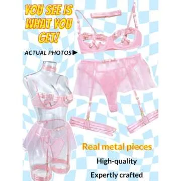 Kaei&Shi Garter Lingerie For Women,Cutout Sheer Strappy Underwire Choker Sexy Lingerie,Adjustable Straps High Waisted Belt Mesh Thong Matching 4 Piece Lingerie Set Boudoir Petite Light Pink Small