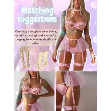 Kaei&Shi Garter Lingerie For Women,Cutout Sheer Strappy Underwire Choker Sexy Lingerie,Adjustable Straps High Waisted Belt Mesh Thong Matching 4 Piece Lingerie Set Boudoir Petite Light Pink Small