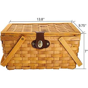 Yesland Picnic Basket with Lid and Double Folding Handles, Wood Chip Easter Basket with Gingham Pattern Lining Organizer - Blanket Storage for Egg Gathering Wedding Candy Gift - 13.8 x 9.7 x 7 Inch