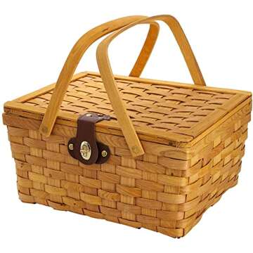 Yesland Picnic Basket with Lid and Double Folding Handles, Wood Chip Easter Basket with Gingham Pattern Lining Organizer - Blanket Storage for Egg Gathering Wedding Candy Gift - 13.8 x 9.7 x 7 Inch