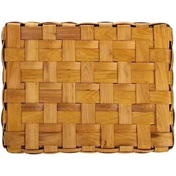 Yesland Picnic Basket with Lid and Double Folding Handles, Wood Chip Easter Basket with Gingham Pattern Lining Organizer - Blanket Storage for Egg Gathering Wedding Candy Gift - 13.8 x 9.7 x 7 Inch