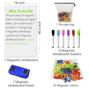 LACQWO Magnetic Whiteboard Paper for Wall 46.3" x 18" Adhesive Magnetic Dry Erase White Board Sticker with 53 Magnetic Letters 6 Markers for Kid Removable Peel and Stick Whiteboard Wallpaper Roll