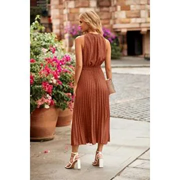 PRETTYGARDEN Women's Midi Summer Dresses Casual V Neck Swiss Dot Ruffle Sleeveless A Line Beach Sun Dress (Brick Red,Medium)