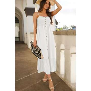 Dokotoo Summer Dresses for Women 2025 Casual Sleeveless Sundresses for Women Button Down Smocked Spaghetti Straps Open Back A-Line Swing Flowy Maxi Beach Long Sun Dress with Pockets White Large