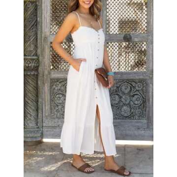 Dokotoo Summer Dresses for Women 2025 Casual Sleeveless Sundresses for Women Button Down Smocked Spaghetti Straps Open Back A-Line Swing Flowy Maxi Beach Long Sun Dress with Pockets White Large