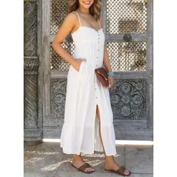 Dokotoo Summer Dresses for Women 2025 Casual Sleeveless Sundresses for Women Button Down Smocked Spaghetti Straps Open Back A-Line Swing Flowy Maxi Beach Long Sun Dress with Pockets White Large