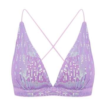 Erinaco Women's Sparkly Sequin Crop Top V-Neck Low-Cut Tube Top Backless Tank Tops Spaghetti Strap Camisole Bright Purple