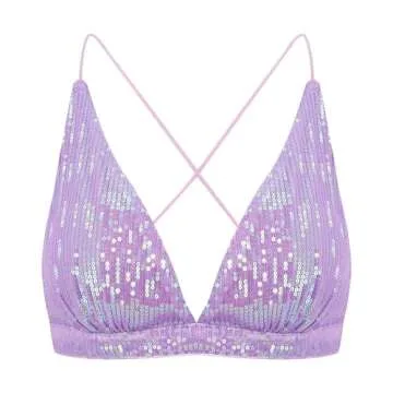 Erinaco Women's Sparkly Sequin Crop Top V-Neck Low-Cut Tube Top Backless Tank Tops Spaghetti Strap Camisole Bright Purple