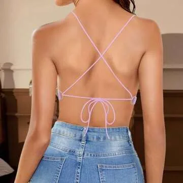 Erinaco Women's Sparkly Sequin Crop Top V-Neck Low-Cut Tube Top Backless Tank Tops Spaghetti Strap Camisole Bright Purple