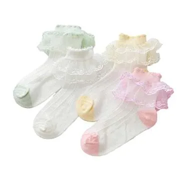 KUMIKOLA Little Girls Lace Socks - Dressy Frilly Ruffle Ankle Socks 4 Pack