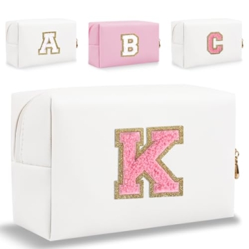 Small Personalized Letter Makeup Bag, Cute PU Leather Chenille Letters Cosmetic Bag Travel Makeup Ba...