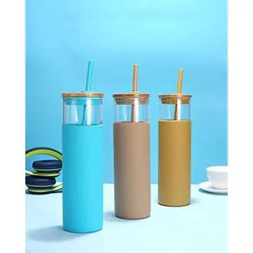 Tronco 28 oz Glass Cups With Lids and Straws,Reusable Iced Coffee Cup and Bamboo Lid, Smoothie Cup, Glass Tumbler with Silicone Protective Sleeve - BPA Free