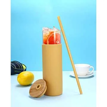 Tronco 28 oz Glass Cups With Lids and Straws,Reusable Iced Coffee Cup and Bamboo Lid, Smoothie Cup, Glass Tumbler with Silicone Protective Sleeve - BPA Free
