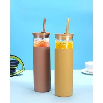 Tronco 28 oz Glass Cups With Lids and Straws,Reusable Iced Coffee Cup and Bamboo Lid, Smoothie Cup, Glass Tumbler with Silicone Protective Sleeve - BPA Free